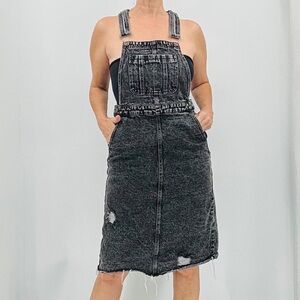 TNR Retro 90’s Distressed Dark Wash Raw Hem Denim Overalls Skirtalls